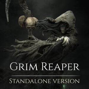 Può includere: Una scultura dettagliata della Morte, raffigurante una figura incappucciata con capelli fluenti e un volto scheletrico. La figura tiene una falce. Il testo "Grim Reaper" e "Standalone Version" sono visualizzati sotto.