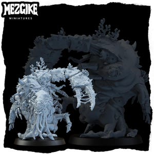 May include: Two light gray miniature figures of monstrous creatures with large claws, tentacles, and coral-like growths. The figures are on black bases, with the "MEZGIKE MINIATURES" logo in the upper left corner.