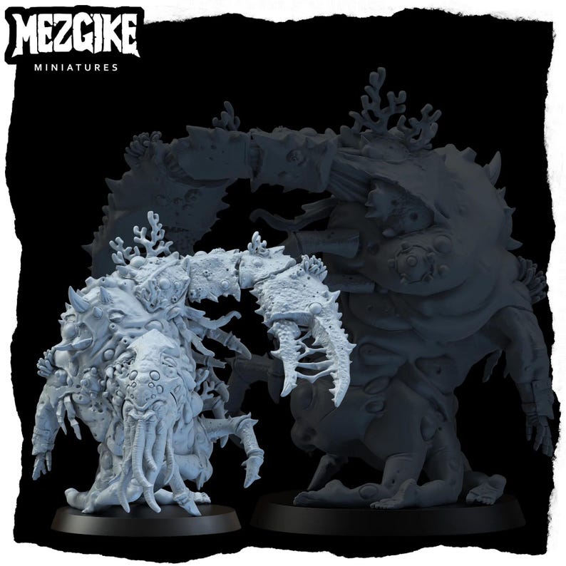 May include: Two light gray miniature figures of monstrous creatures with large claws, tentacles, and coral-like growths. The figures are on black bases, with the "MEZGIKE MINIATURES" logo in the upper left corner.