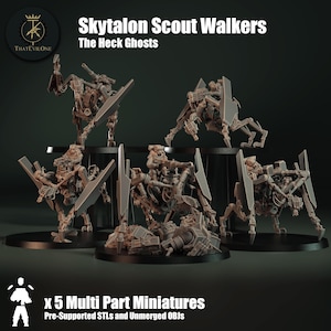 May include: Five brown, multi-part miniature scout walker figures, labelled Skytalon Scout Walkers and The Heck Ghosts. Each mechanical walker features multiple legs, mounted weaponry, and shield-like plates, set on circular black bases.
