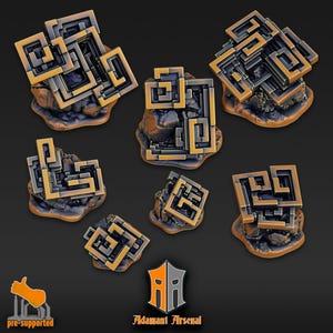 May include: Seven 3D printed miniature dungeon tiles with a gold and black color scheme. Each tile features a raised maze pattern and is set on a rocky base.