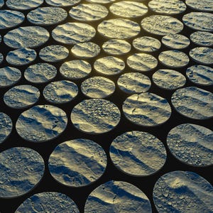 May include: A collection of round, textured, metallic discs in shades of gold and grey. The discs are arranged in a circular pattern, creating a visually appealing and abstract design.