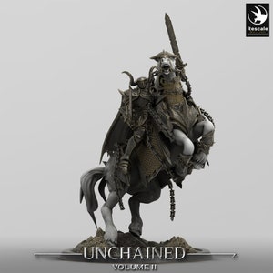 May include: A black and gold miniature figure of a knight riding a horse. The knight is wearing armour and holding a sword. The horse is wearing armour and has a chain around its neck. The figure is part of the Unchained Volume II collection.