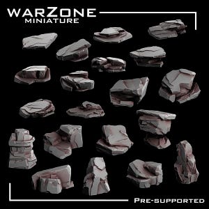 May include: A set of 17 pre-supported 3D printed rock formations, ideal for tabletop gaming or miniature scenery. The rocks are grey and have a textured surface.