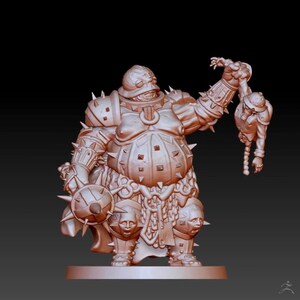 May include: A detailed miniature figurine of a heavily armored, grotesque figure with a spiked helmet and a chainmail skirt. The figure is holding a spiked mace in one hand and a severed head in the other. The figure is painted in a light brown color.