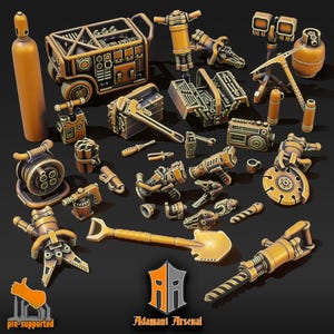 May include: A collection of 20 pre-supported 3D printed miniature tools, including a jackhammer, a shovel, a wrench, a saw, a drill, a toolbox, a gas tank, and a cable spool. The tools are painted in a gold and black colour scheme.  Adamant Arsenal.