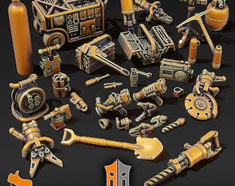 May include: A collection of 20 pre-supported 3D printed miniature tools, including a jackhammer, a shovel, a wrench, a saw, a drill, a toolbox, a gas tank, and a cable spool. The tools are painted in a gold and black color scheme.  Adamant Arsenal.