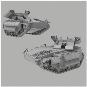 Könnte beinhalten: Zwei graue 3D-gedruckte Modelle von futuristischen Panzern mit detaillierten Ketten, Türmen und Waffen. Die Panzer sind auf einem grauen Hintergrund positioniert.
