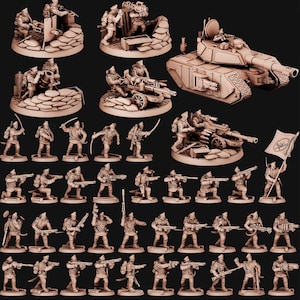 Könnte beinhalten: Ein Set mit 30 Miniaturfiguren aus Plastik, die Soldaten in verschiedenen Posen darstellen, darunter stehen, knien und Waffen abfeuern. Die Figuren sind in verschiedenen Farben bemalt, darunter Grau, Schwarz und Braun. Die Figuren sind auf einem schwarzen Hintergrund angeordnet. Auf dem Bild sind auch ein Miniaturpanzer und einige andere Miniaturfahrzeuge zu sehen.