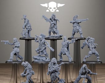 Puede incluir: Una colección de diez figuras en miniatura de resina gris de StationForge, cada una posada dinámicamente sobre una base circular. Las figuras se muestran en varias posturas de combate, sosteniendo rifles, pistolas y hojas, con ropa detallada.