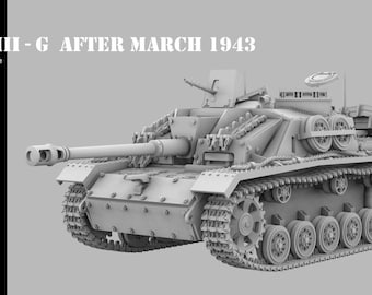 May include: A grayscale model of a Stug III-G tank, labeled "STUG III-G AFTER MARCH 1943" and "scale 1/56 - 28mm." The tank has a long barrel, multiple wheels, and detailed tracks. The image is set against a gray background.