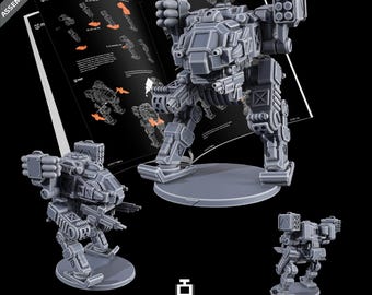 May include: A gray, 3D-printed model of a mech robot, with detailed mechanical components and missile launchers. The model is displayed with an assembly manual and two smaller versions. The text "QUALITY ASSURANCE PROFESSIONALLY PRE-SUPPORTED PRINT TESTED" is visible.