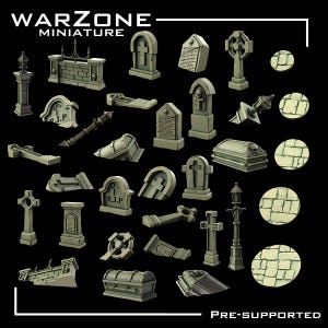 May include: A set of 3D printed miniature cemetery props, including tombstones, crosses, a coffin, lanterns, and cobblestone paths. The set is pre-supported for easy printing.