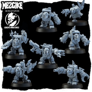 May include: A set of six gray plastic miniature figures of orcs wearing armor and holding weapons. The figures are from the MezGike Miniatures line and are called "Loken's Miniatures".