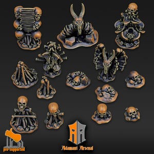 May include: A set of 14 miniature skeletal themed terrain pieces for tabletop gaming. The pieces are made of resin and feature skulls, bones, and other skeletal elements. The pieces are painted in a bronze color.