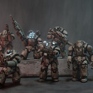 May include: Eight futuristic armored figures in a neutral colour palette. Each figure is equipped with weaponry, including rifles and sidearms. The figures have glowing white lights on their helmets and chest plates, suggesting advanced technology.