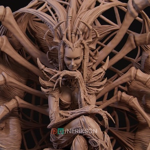 Puede incluir: Escultura detallada de una mujer con un elaborado tocado y largos dedos en forma de garra. Está sentada dentro de una compleja estructura esquelética. La escultura es de color beige neutro, con el texto "DR / NERIKSON" en la parte inferior.