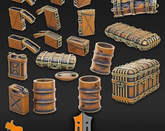 May include: A collection of pre-supported 3D printed miniatures for tabletop gaming. The set includes various crates, barrels, and canisters in a rusty brown color. The miniatures are designed for use in wargaming and role-playing games.