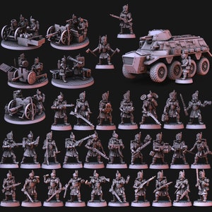 Könnte beinhalten: Eine Sammlung von Miniaturfiguren, darunter Soldaten, Fahrzeuge und Artilleriegeschütze, die in einem grauen Farbschema bemalt sind. Die Figuren sind in verschiedenen Posen angeordnet und bereit für Tabletop-Spiele.