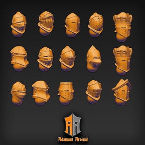 Puede incluir: Una colección de 16 diseños de cascos diferentes impresos en 3D en un color dorado. Los cascos están dispuestos en cuatro filas de cuatro, con cada casco mirando hacia adelante. Los cascos son todos de diferentes estilos, algunos con viseras, algunos con crestas y otros con otras características decorativas. Los cascos están hechos de un material liso y brillante.