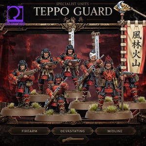 May include: A set of six miniature Teppo Guard figures dressed in black and red samurai armour, each holding a long firearm. The figures feature detailed helmets, banners with Japanese characters, and a central figure wearing a red oni mask.