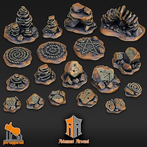 May include: A set of 18 pre-supported 3D printed resin miniature terrain pieces for tabletop games. The pieces feature various rock formations, some with intricate carvings and patterns. The pieces are painted in a brown and gold colour scheme.