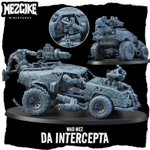 May include: A gray miniature model of a post-apocalyptic vehicle, featuring a rugged design with mounted weapons and figures. The model is labeled "DA INTERCEPTA" and includes the "MEZGIKE MINIATURES" logo.