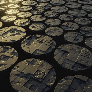 May include: A collection of round, textured, metallic discs with a raised, rectangular design in the center. The discs are arranged in a staggered pattern, creating a sense of depth and dimension.