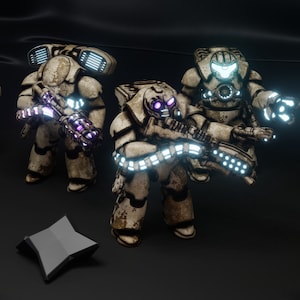 Puede incluir: Tres figuras robóticas futuristas blancas con luces azules y moradas brillantes. Las figuras sostienen armas y están en posición de combate.