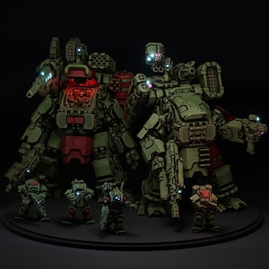 May include: A group of four green and red military robots with glowing lights. The robots are standing on a black circular base.