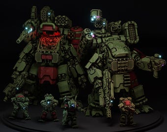 May include: A group of four green and red military robots with glowing lights. The robots are standing on a black circular base.