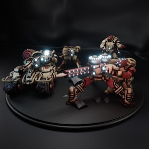 May include: A group of four steampunk-style robots, one of which is a tank, are posed on a black circular platform. The robots are made of metal and have a white and red colour scheme. The tank has a large cannon and a variety of gears and pipes. The other robots have various weapons and appendages.