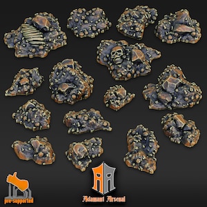 May include: A set of 15 pre-supported 3D printed resin terrain pieces for tabletop gaming. The pieces are made of a dark brown resin with gold accents and resemble rocky outcroppings.