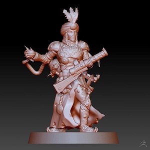 May include: A detailed miniature figurine of a warrior wearing a turban and ornate armor, holding a large gun and a sword. The figurine is painted in a reddish-brown color.