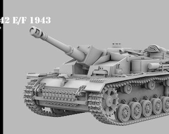 May include: A grayscale model of a STUH 42 E/F 1943 tank, scale 1/56 - 28mm. The tank features a long barrel, detailed tracks, and various components. The text "STUH 42 E/F 1943" and "scale 1/56 - 28mm" are visible.