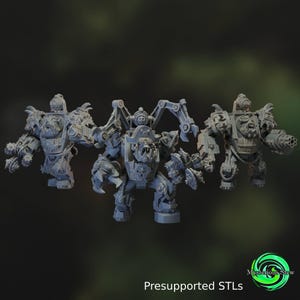 May include: Three grey miniature robot figures with mechanical arms and weapons. The figures are in a dynamic pose, with intricate designs and textures. The text "Presupported STLs" is at the bottom.