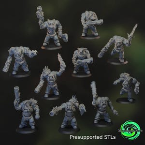 Puede incluir: Una colección de figuras en miniatura grises de Orcos, cada una posando con armas y armaduras. Las figuras están sobre bases circulares negras. El texto "Presupported STLs" está en la parte inferior, con un logo verde "Mysterious Stew".