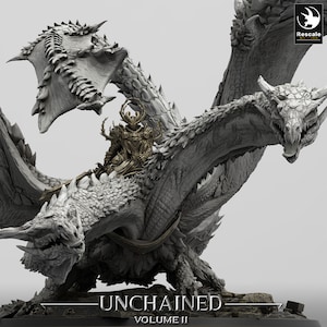 May include: A detailed, white, three-headed dragon sculpture with a rider in gold armor. The dragon has wings and a long tail. The sculpture is titled "Unchained Volume II".
