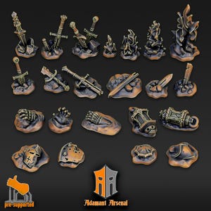 May include: A selection of miniature fantasy terrain pieces, including swords, flames, and lanterns. The pieces have a weathered, metallic finish. The logo for "Adamant Arsenal" is visible, along with the text "pre-supported".