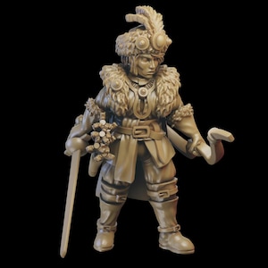 May include: A detailed figurine of a character in a fur-trimmed coat and hat, holding a staff and a curved blade. The figure has a belt, boots, and a decorative element on the chest. The overall colour is a muted beige.