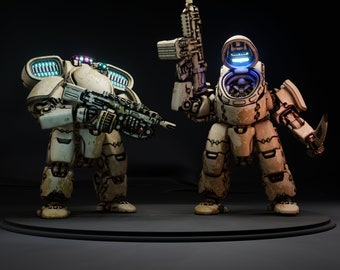 May include: Two white robot figures with detailed mechanical features. One robot holds a gun and the other has a round head with a glowing blue light.