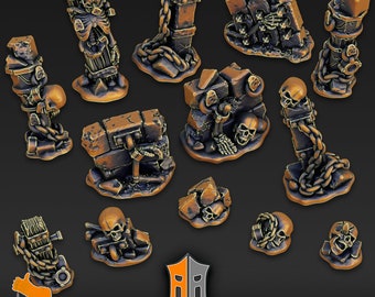 May include: A set of 10 dungeon-themed miniature models, featuring various ruined stone structures, chains, and skulls. The models are painted in a bronze color and are pre-supported for 3D printing.