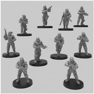 May include: A collection of miniature gray soldier figurines in various action poses, each mounted on a black circular base. The soldiers are equipped with futuristic armor and weaponry, suggesting a science fiction or military theme.