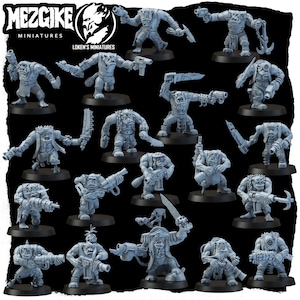 May include: A collection of gray miniature Orc figures, each posed with various weapons and accessories. The figures are on black bases, with the "MEZGIKE MINIATURES" logo at the top left and "LOKEN'S MINIATURES" below it.