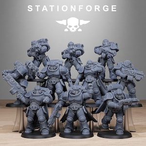 May include: A set of ten grey unpainted miniature soldier figurines in tactical armour, each holding a futuristic rifle. The figures feature helmets, capes, and utility belts with skull emblems. The text STATIONFORGE appears at the top.