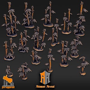May include: A set of 18 pre-supported 3D printed miniature bamboo plants. The plants are in various sizes and have a natural brown colour. The plants are perfect for adding a touch of nature to any tabletop game or miniature scene.