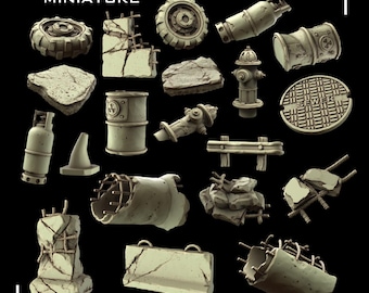 May include: A set of 16 pre-supported 3D printed miniature models for tabletop gaming. The models are made of grey resin and feature various urban decay elements, including a sewer grate, a fire hydrant, a gas tank, and a broken pipe.