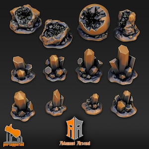 May include: A set of 12 pre-supported 3D printed resin miniatures of crystal formations. The crystals are various shades of brown and black, with a glossy finish. The miniatures are designed for tabletop gaming and role-playing games.