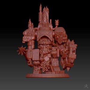 May include: A detailed 3D printed miniature of a heavily armored, gothic-style robot with a large, spiked weapon. The robot is made of a red plastic and has a complex design with intricate details.