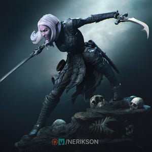 May include: A detailed figurine of a female warrior in dark armor, wielding a curved blade and a longsword. The figure has pale skin, white hair, and is posed dynamically on a rocky base with skulls. The image has a dramatic, fantasy theme.